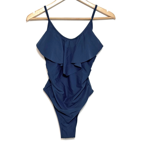 NWT CUPSHE Scoop Neck Ruffled One-Piece Swimsuit in Midnight Blue Women's Size S - Picture 3 of 16